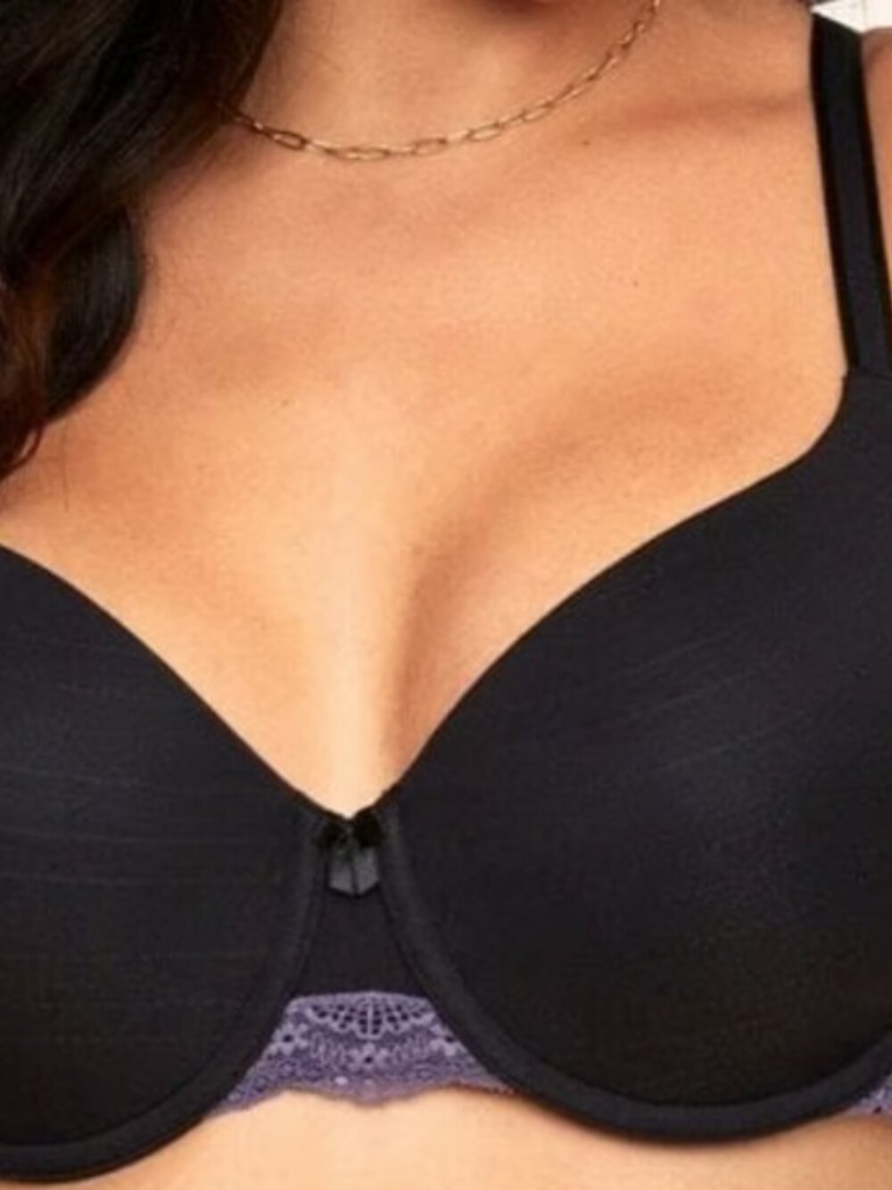 Minimalist Full Coverage Nylon Black Bra 40DD Purple Lace Trim Light Padding